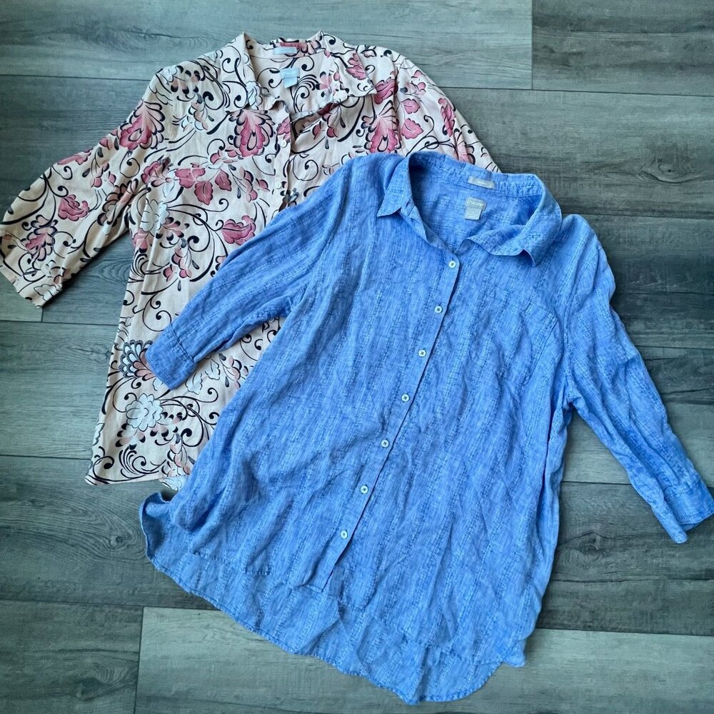 Chico's Linen Tops  (2)- Plus Size Lightweight 3/4 Sleeve Floral Denim Collared